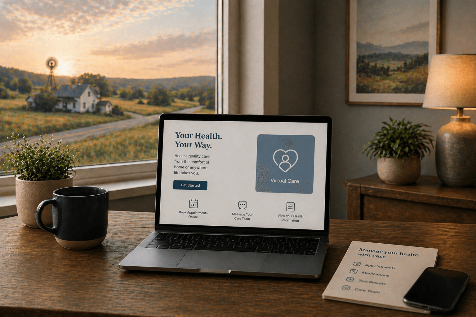 Patient smiling and waving during a secure video visit on a laptop from home